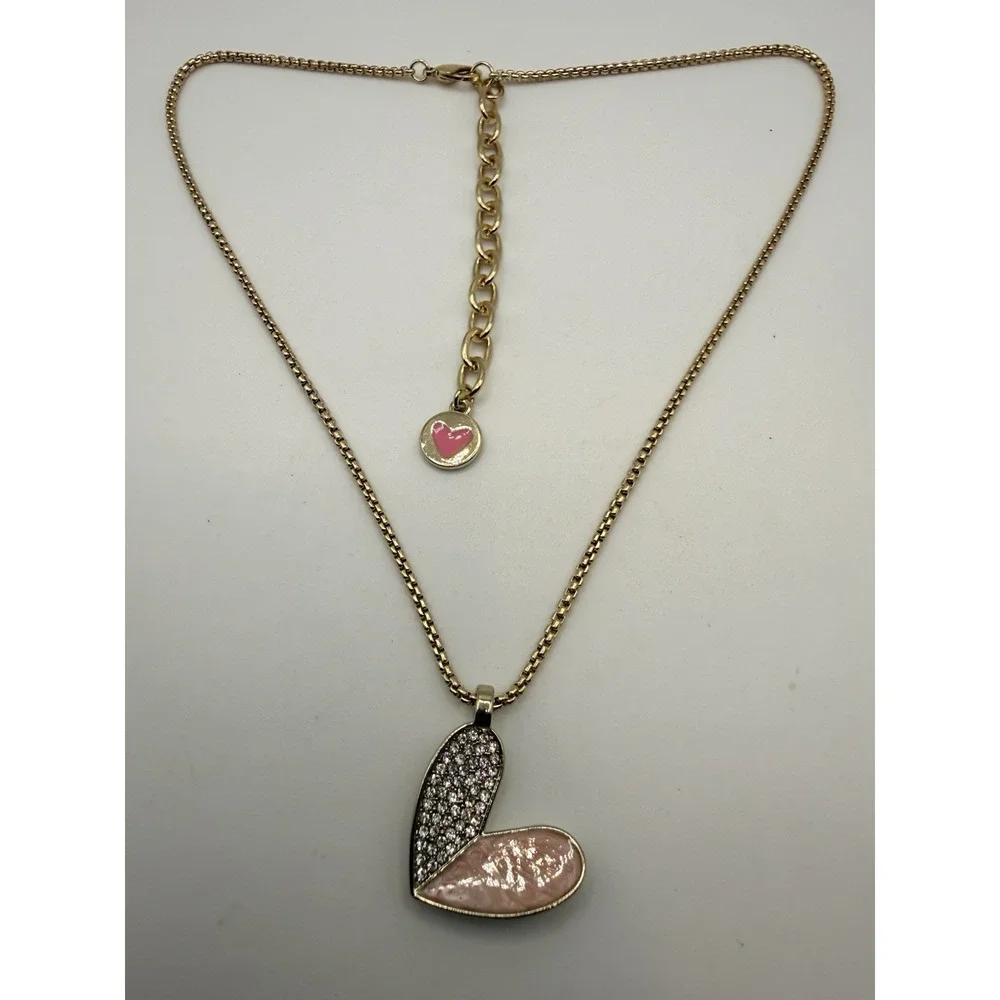 RJ Graziano Heart Pendant Necklace Gold Tone Pink Enamel Crystal 16-19